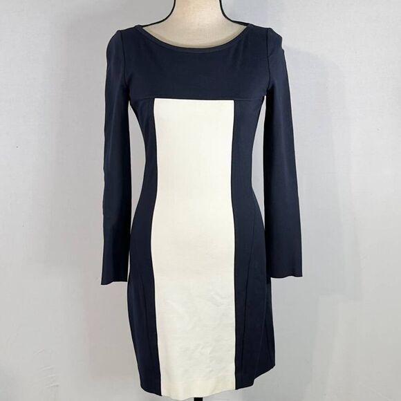 Akris Punto Sheath Mini Dress Women's Size 4 Navy White Colorblock 3/4 Sleeves - Picture 2 of 9